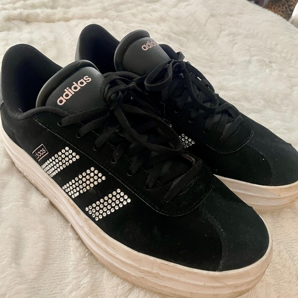 Adidas Black Platform Sneakers with Rhinestone Three-Stripes